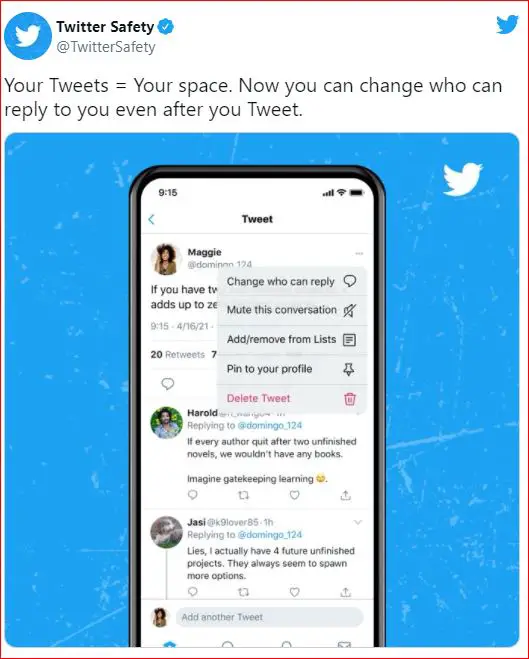 Twitter will allow you to change who can reply to a tweet after you post it